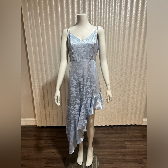 Love It Light Blue Satin Floral Jacquard Asymmetrical Midi Dress - Picture 6 of 7